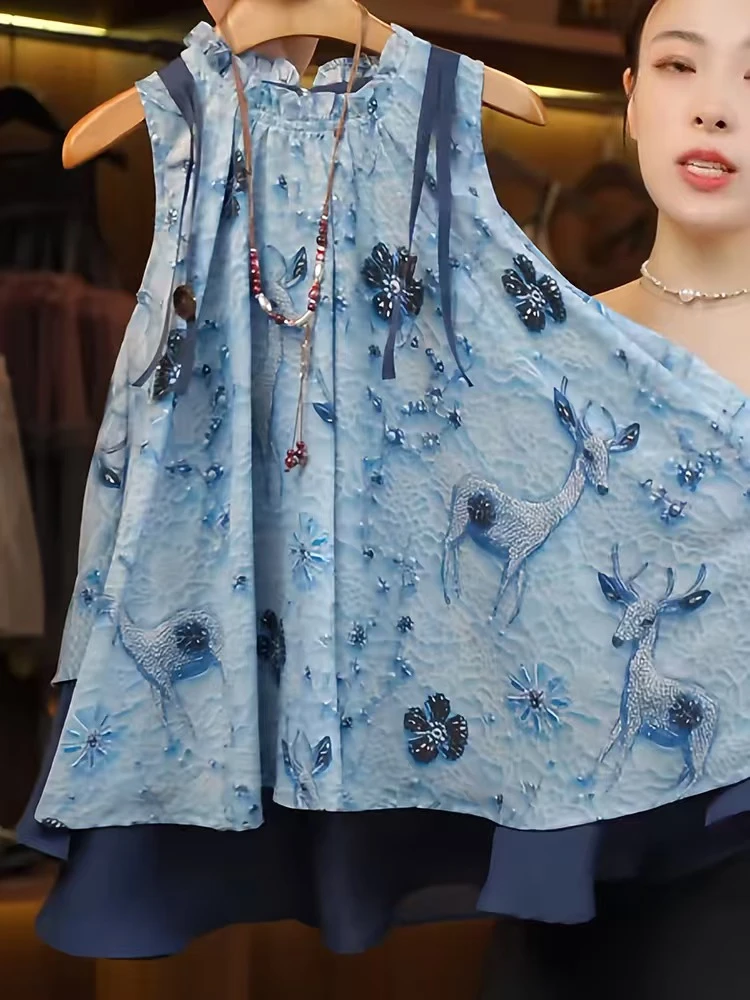 女童无袖连衣裙夏季2025新款洋气儿童不规则印花背心薄款公主裙子