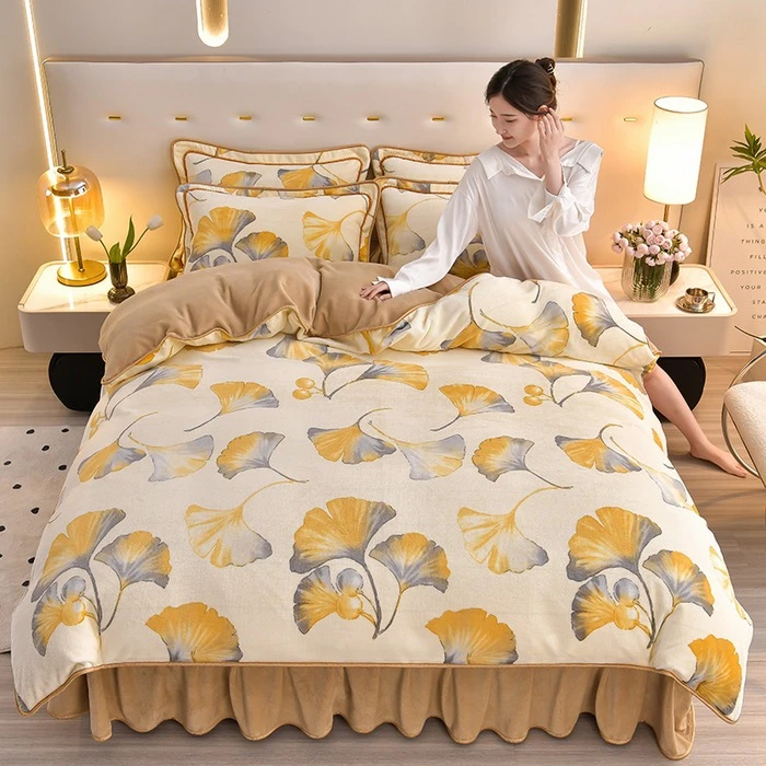 第二代加厚牛奶绒四件套|艺博云天|亲肤加绒防静电双面绒银杏花开