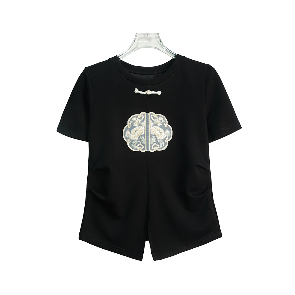 法式高级感盘扣中式刺绣短款T恤X26211