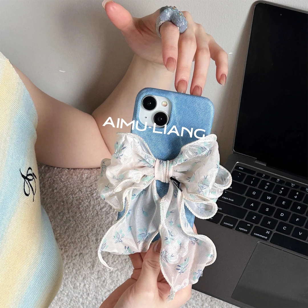 AIMU原创柔纱蝴蝶结牛仔适用苹果iPhone16promax手机壳皮纹151413