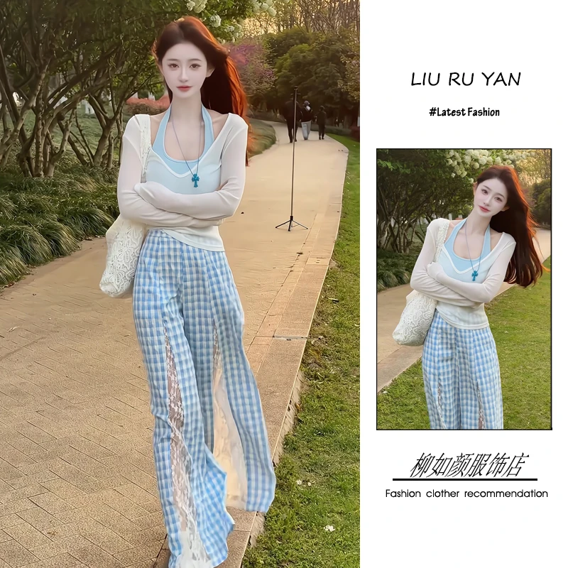 夏季2025新款一整套女装韩系穿搭氛围感罩衫吊带蕾丝拼接格子裤女