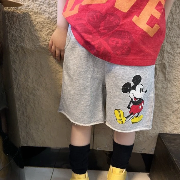 现货MZ.儿童夏季新款日系老鼠印花毛圈卷边百搭卫裤2153