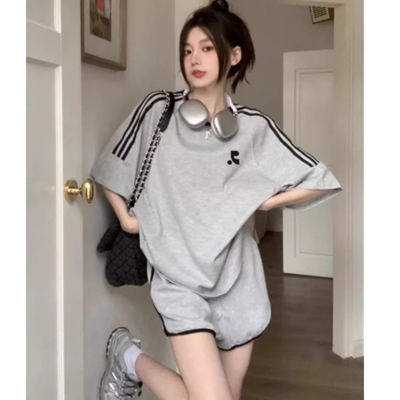 睡衣女夏款纯棉短袖短裤韩版休闲可外穿家居服套装（ins风三条杠）