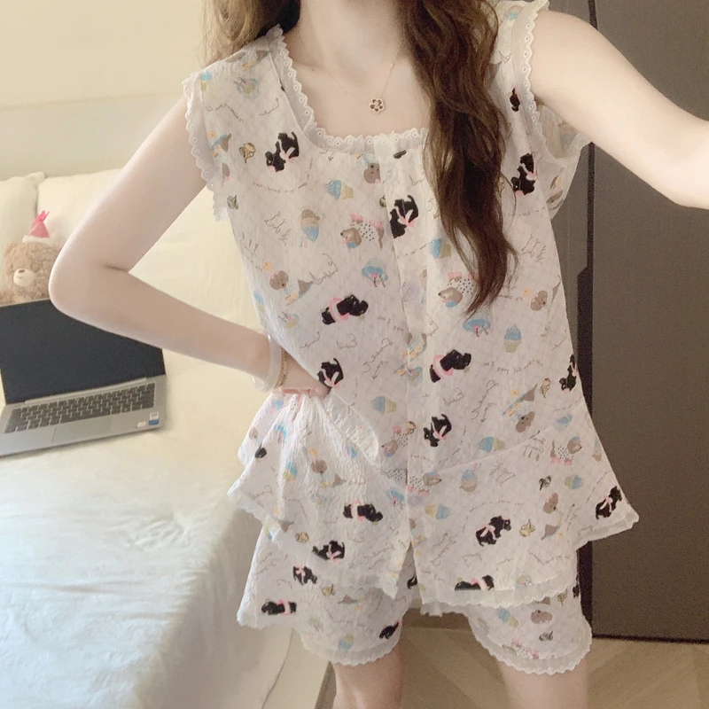 【带胸垫一体】背心短裤睡衣女夏季新款云朵棉卡通腊肠狗家居服套装