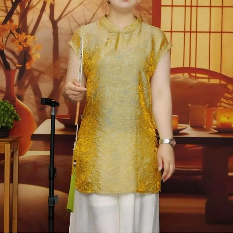 2025新款新中式国风浮光锦奥黛旗袍夏复古上衣夏季气质宽松时尚