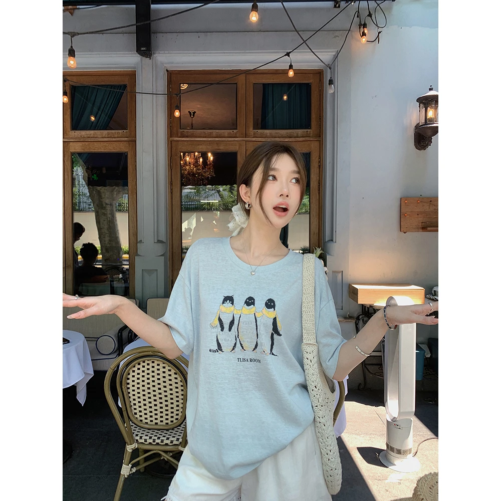 张贝贝 奥兰多童话 韩国面料 萌趣小企鹅印花短袖