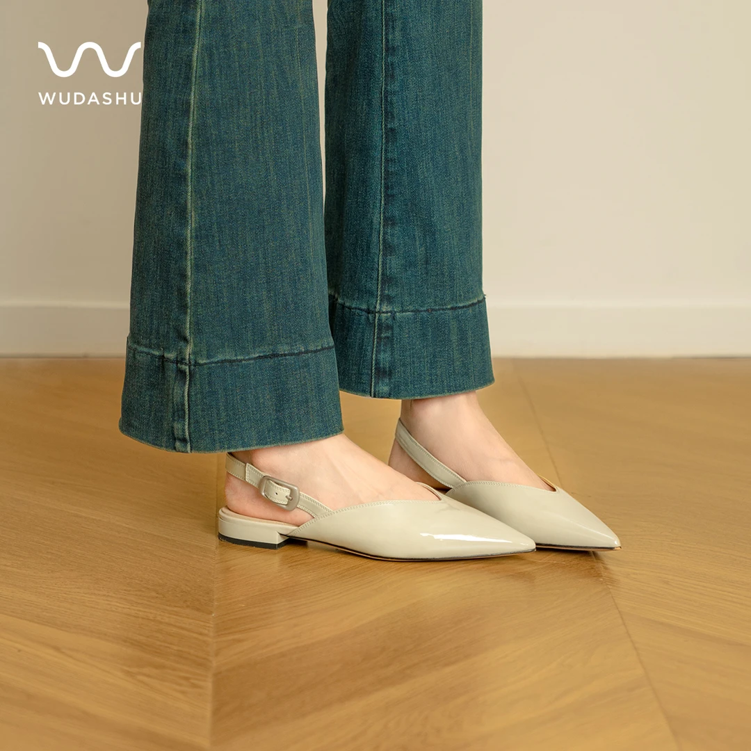 吴大叔红云鞋新款法式小众感漆尖头后空高跟鞋低跟不累脚凉鞋百搭