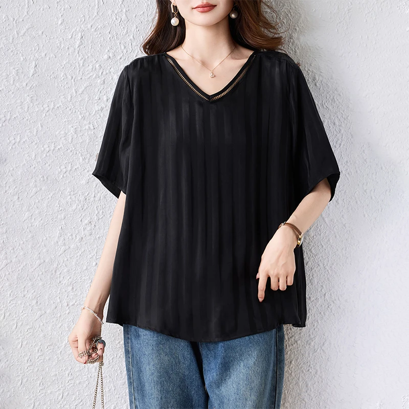 【女神新衣】黑色条纹短袖T恤2025夏季新款时尚遮肚上衣显瘦打底衫