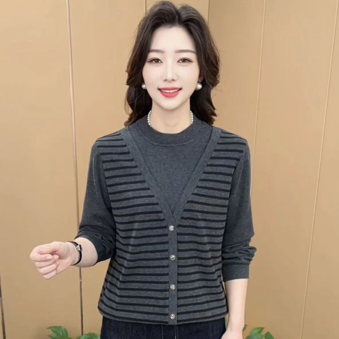 秋季新款时尚圆领条纹假两件洋气妈妈装休闲百搭长袖上衣K8661