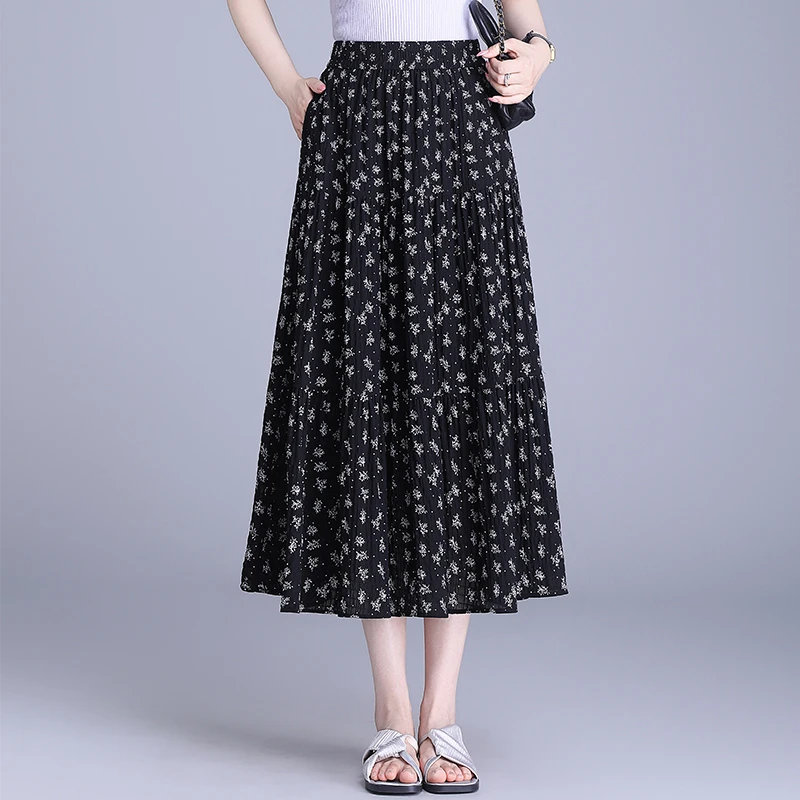 法式复古黑色碎花半身裙女夏季2025新款高腰显瘦遮胯a字中长裙子