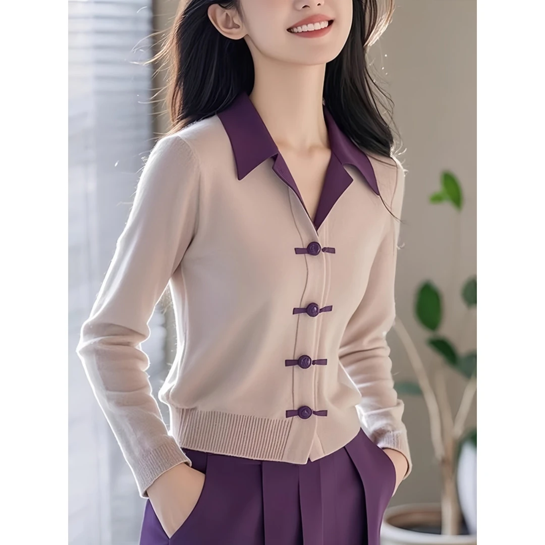 新中式国风紫色polo领修身毛衣针织开衫女2024新款秋冬季独特上衣