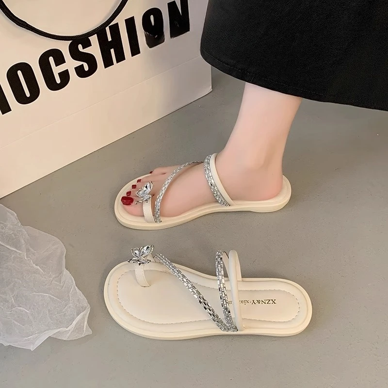 三福仙女风套趾水钻凉拖鞋女外穿夏季平底休闲时尚罗马沙滩鞋女