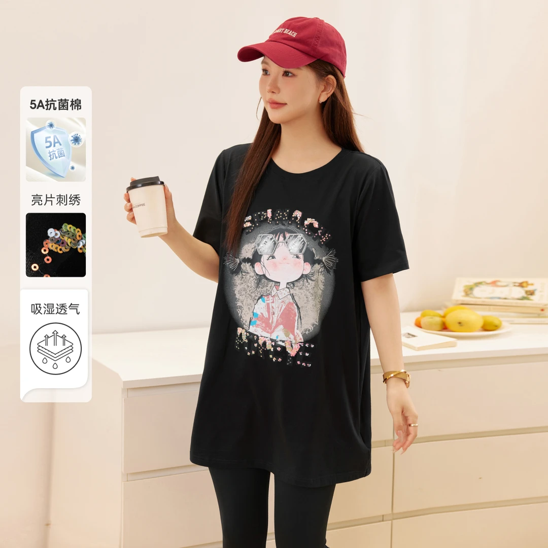 【冰瓷棉亮片刺绣慵懒长T】MsShe大码女装后背蕾丝短袖VH506158