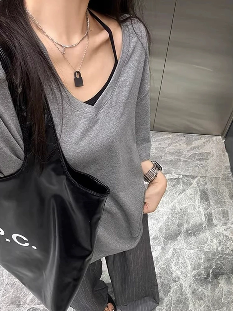 2025慵懒风宽松深V领半袖T恤女夏季休闲中长款大版百搭纯色上衣潮