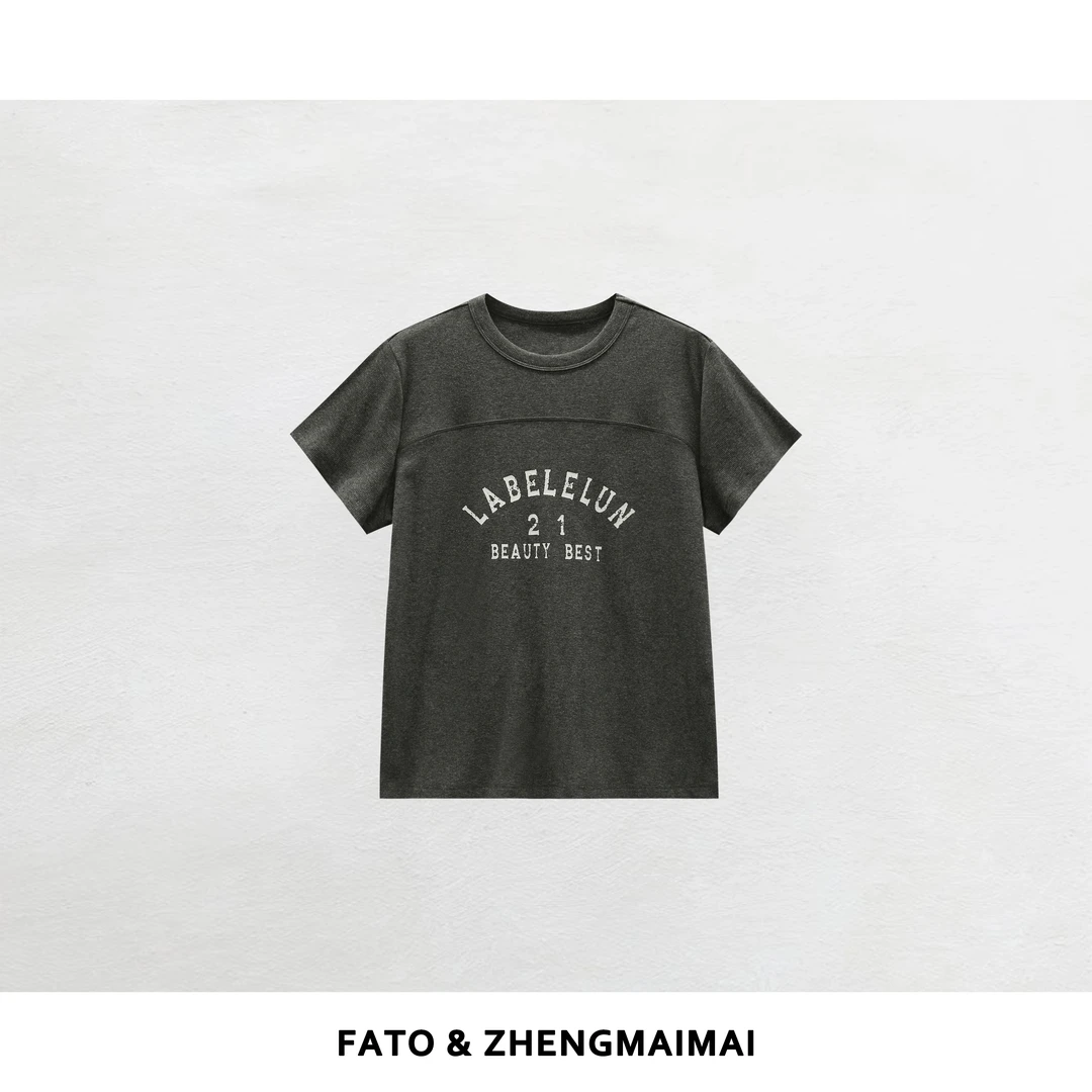 【郑买买】瘦瘦字母T 新款知性风上衣水洗做旧印花短袖T XM50808T2