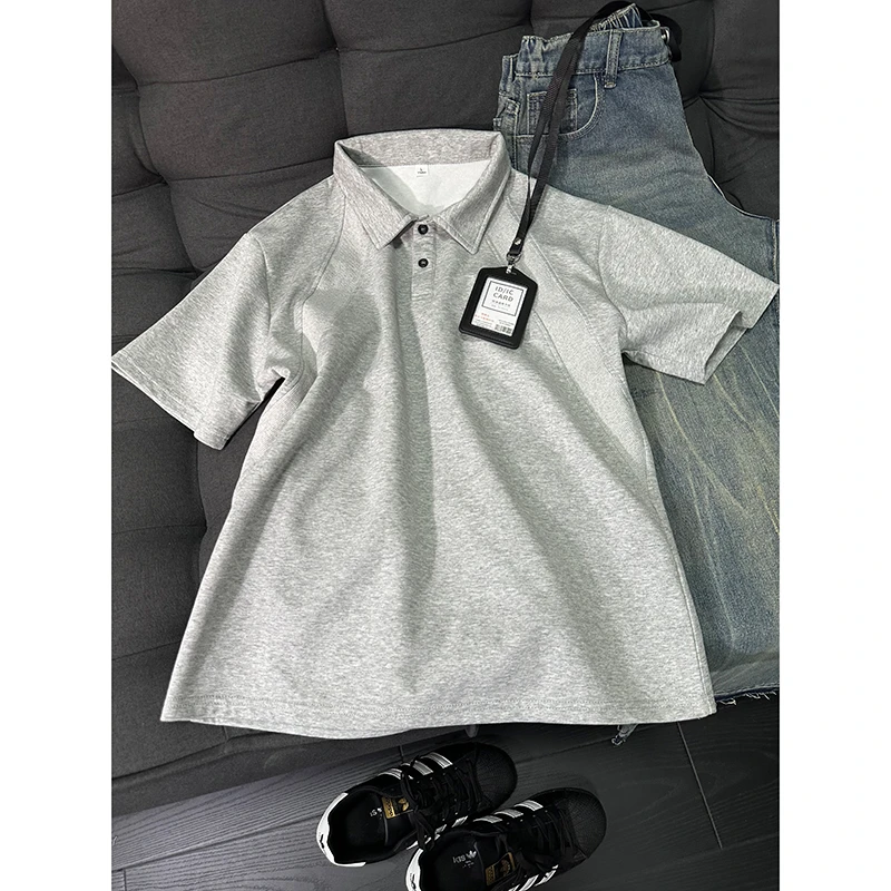 美式正肩短袖polo衫男夏季高级感重磅翻领T恤潮牌拼接情侣半截袖