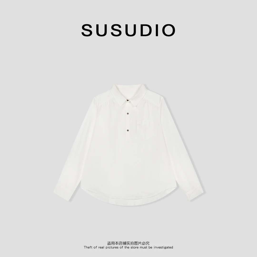 SUSUDIO 亚麻 极简休闲半截纽扣翻领纯色长袖衬衫 70247