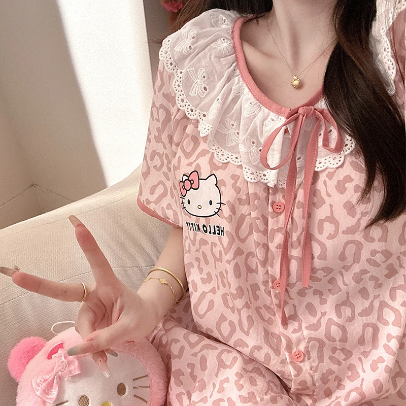 花边豹纹kitty三件套带胸垫短袖长裤睡衣女夏季2025年新款家居服