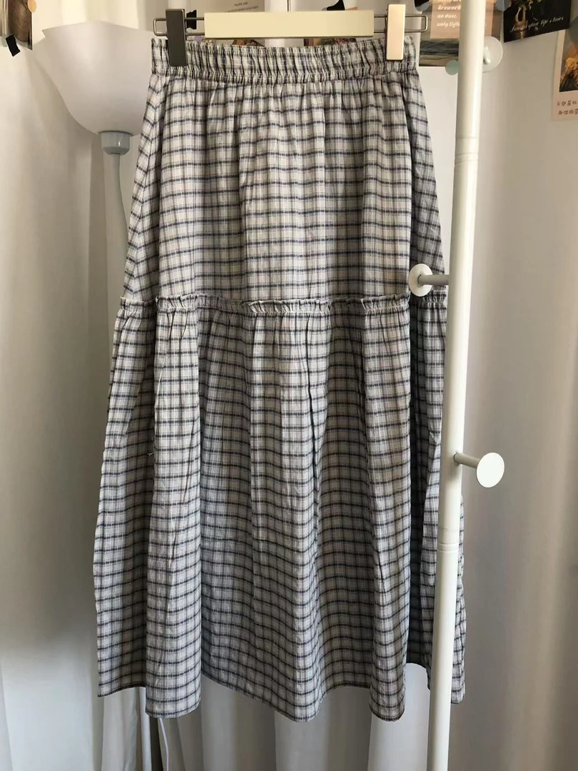 复古格子半身裙松紧腰设计显瘦百搭蓬蓬裙春夏长款A字裙