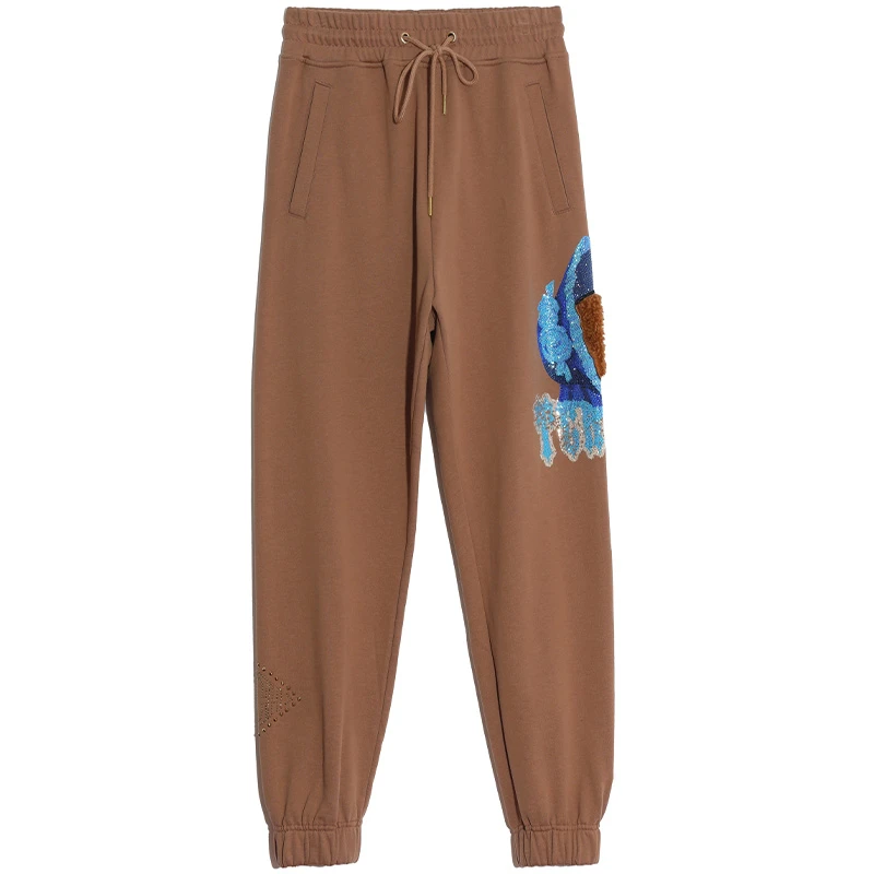 线上潮牌-TCH潮牌毛绒熊头烫钻休闲长裤T66B206003