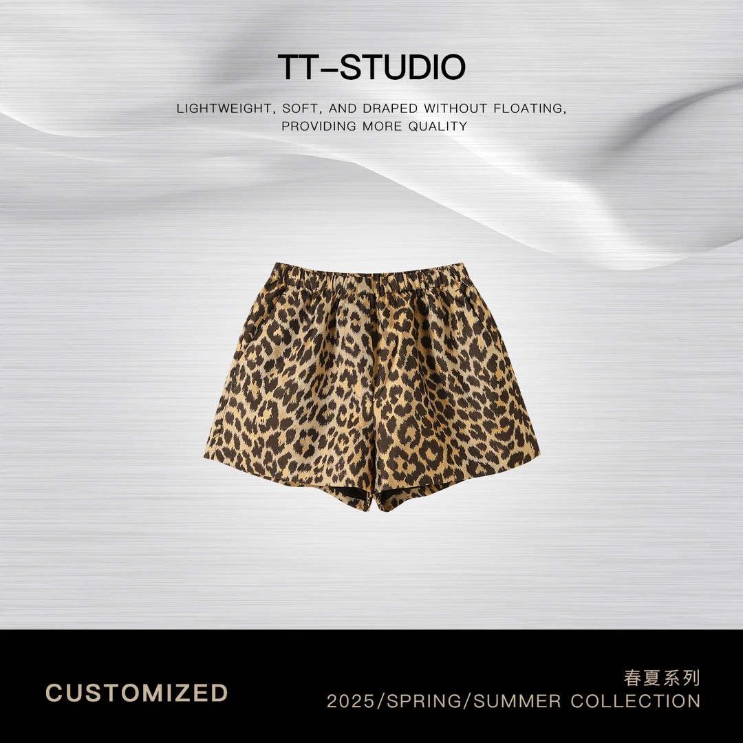 TT【豹纹裤】轻奢定织松紧高腰宽松野性时尚三分裤短裤3306