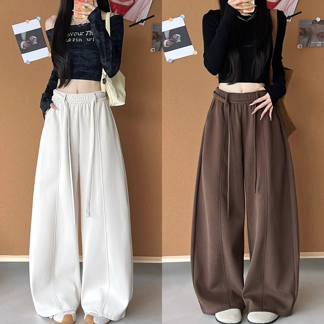 深灰色运动弯刀裤女秋冬2025新款高腰宽松显瘦垂感加绒阔腿香蕉裤