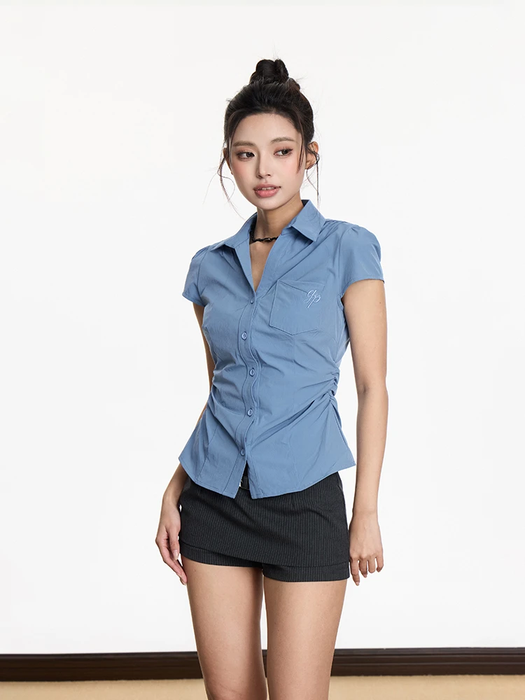 蓝色短袖衬衫女装短款夏季上衣学院风辣妹掐腰显瘦衬衣短裙子套装