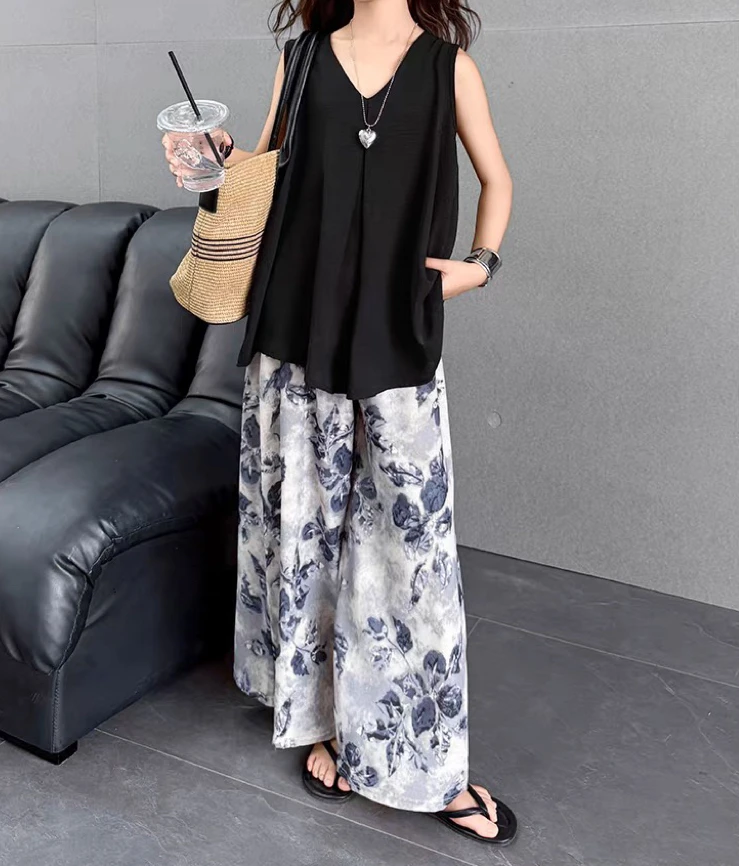 （蓝）夏季套装2025新款洋气时髦宽松背心阔腿裤两件套薄款TZ7092#