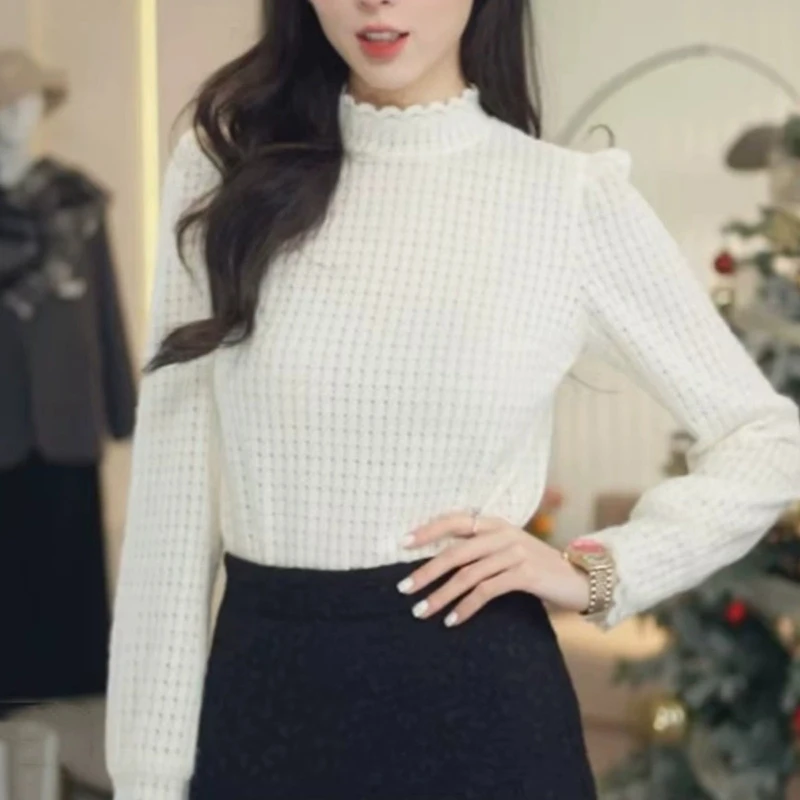 商场同款2025年春季新款女装花边烟管领镂空格弹力套头衫女130006