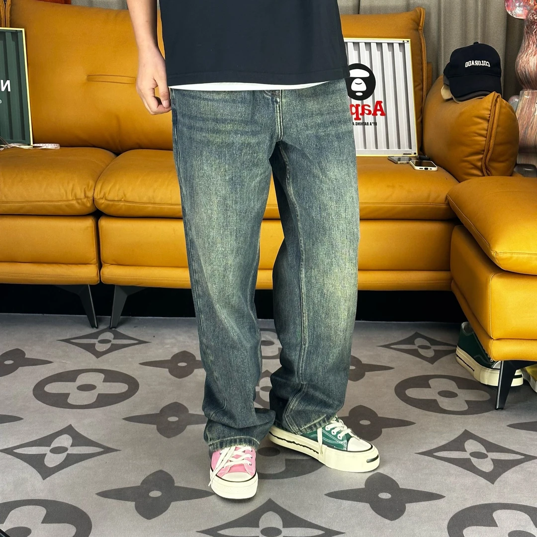 秋冬新款潮牌水洗做旧美式高街时尚简约百搭宽松直筒牛仔裤男长裤