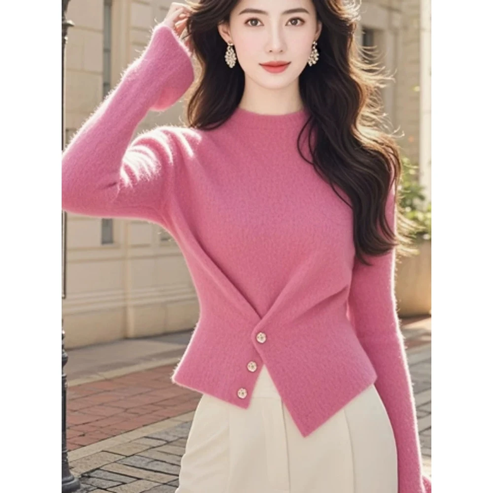 氛围感粉色软糯半高领不规则下摆长袖针织衫女秋冬款减龄百搭上衣