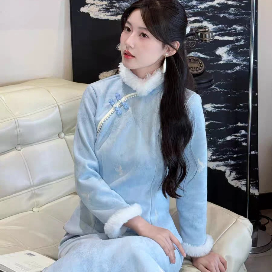 （茹梦）长度120加绒加厚秋冬旗袍年轻订婚百日周宴中国风低开叉