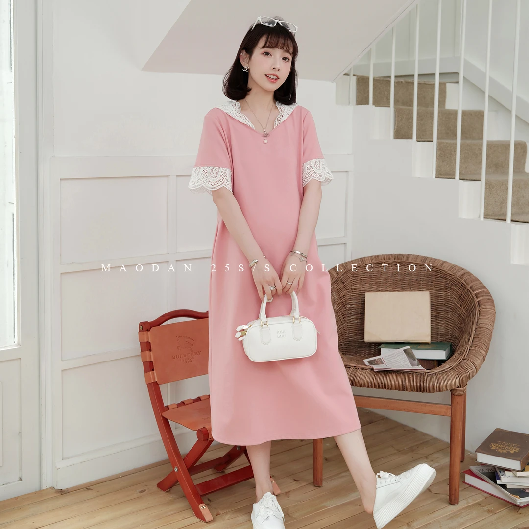 maodan/猫单【西西弗里】孕妇装夏季蕾丝拼接连衣裙长款宽松遮孕肚.