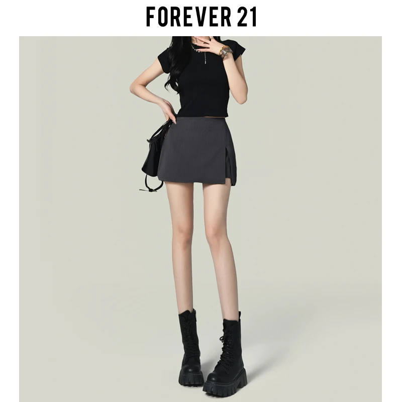 Forever21美式灰色A字开叉西装半身裙女复古高腰防走光包臀短裤裙