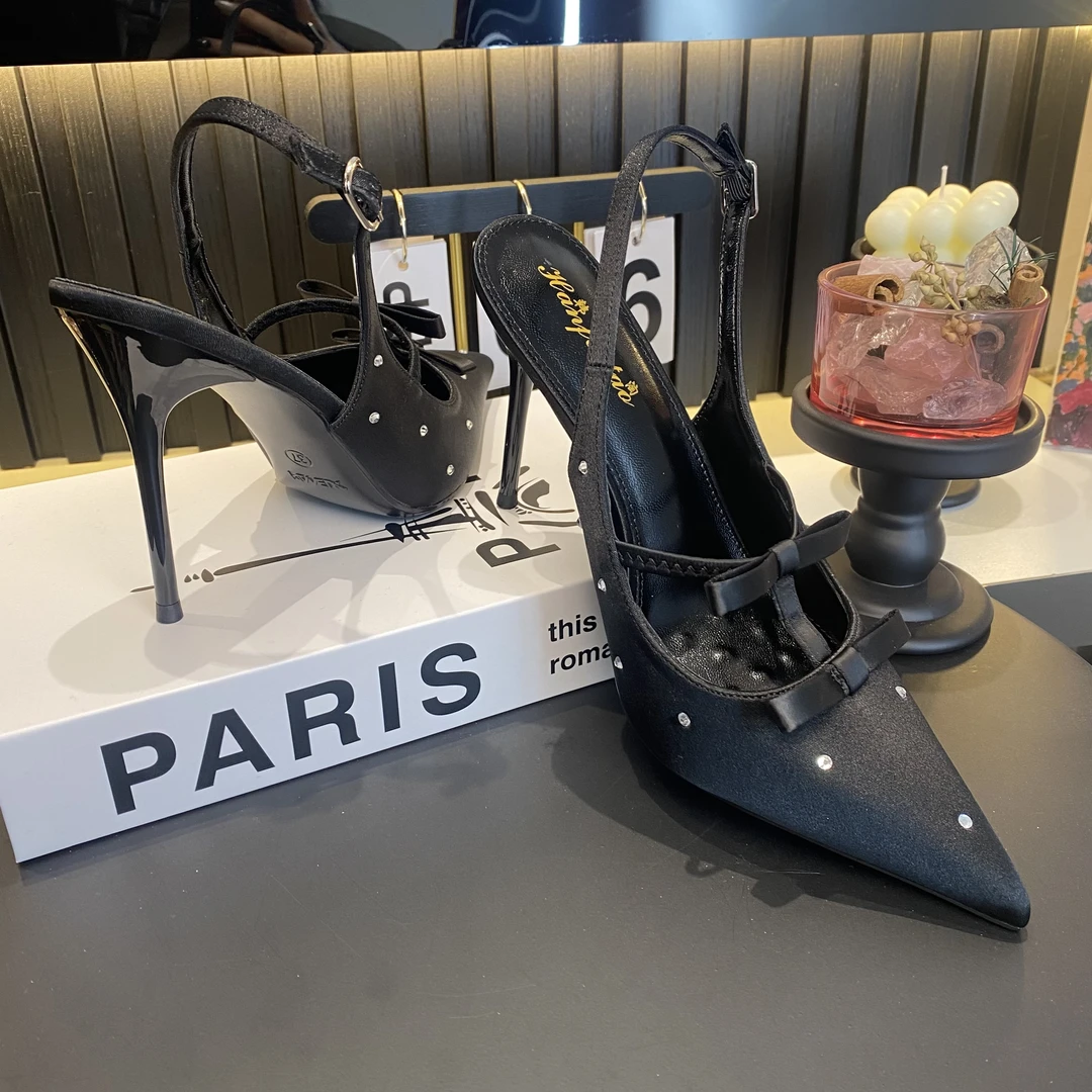 女士一字带细跟高跟鞋鞋子蝴蝶结钻高跟鞋春季法式气质黑色增高