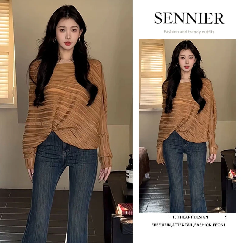 【现货】2025春季新款不规则慵懒落肩垂感上衣气质高腰微喇裤两件套