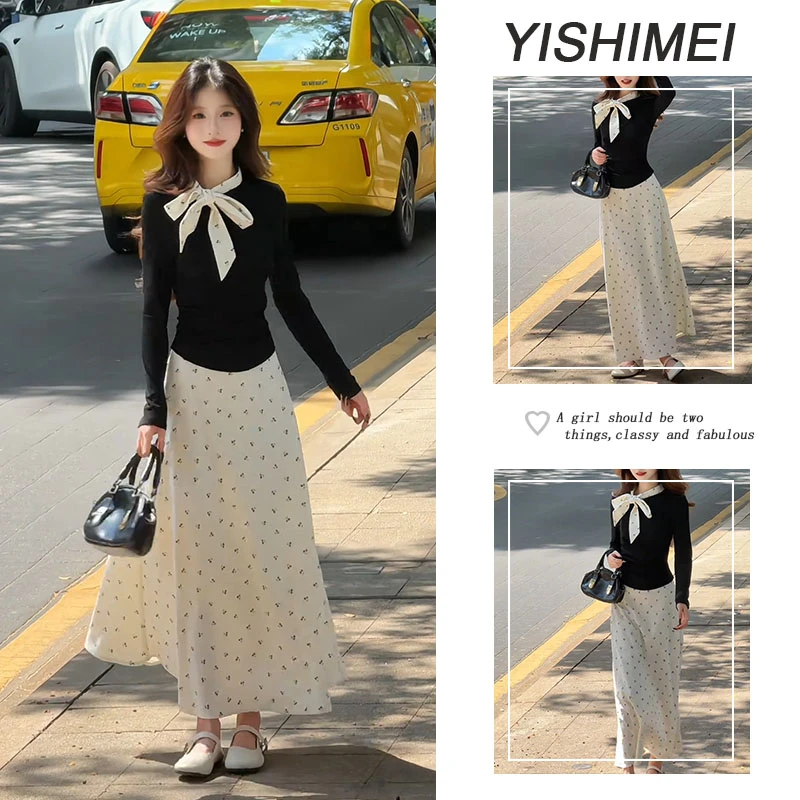 高级感波点蝴蝶结绑带长袖修身T恤女2025年秋季新款波点长裙套装
