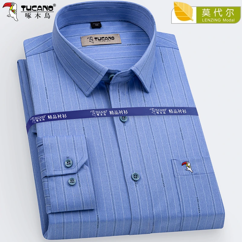 爸爸装条纹衬衫商务休闲高档长袖格子宽松衬衣男中老年衬衫莫代尔