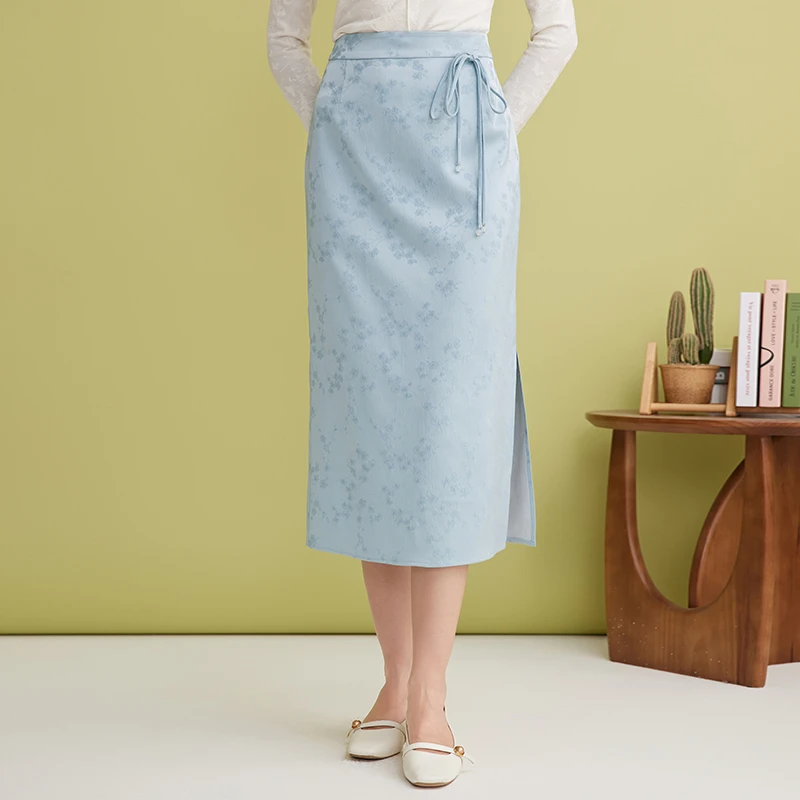 【欧若新中式】EITIE爱特爱中式暗纹缎面高腰过膝半身裙A2506501