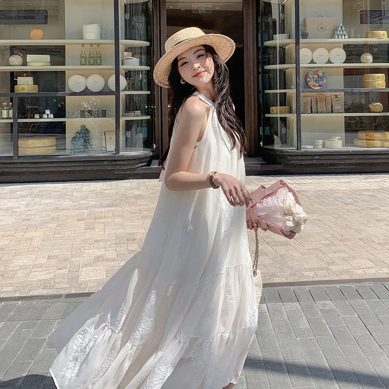 GIOIO新款夏季甜美挂脖连衣裙女长款韩版显瘦可爱沙滩裙