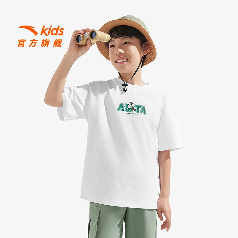 安踏儿童男女大童针织短袖衫2025夏款透气亲肤青少年纯棉圆领短袖