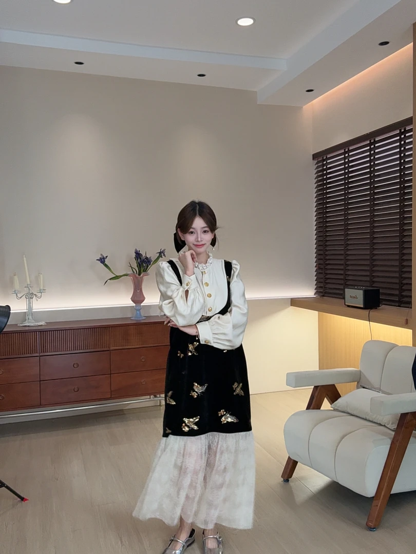 SNN原创设计师 燕麦可可 气质蝴蝶结长款连衣裙2025秋季新款