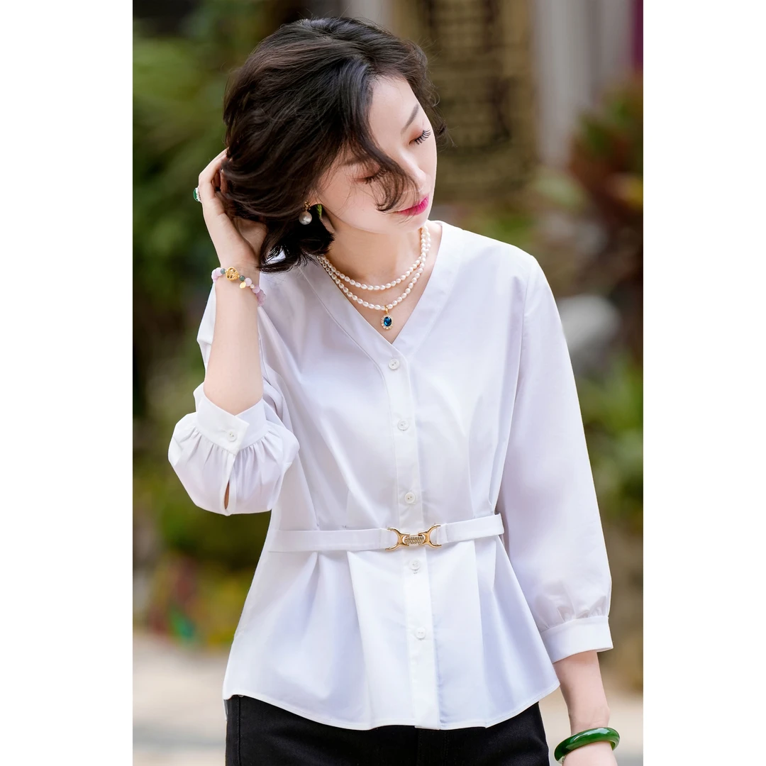 西子/【极地晨曦】新疆长绒棉洗不黄V领收腰金扣白衬衫衬衣/CSTJ011