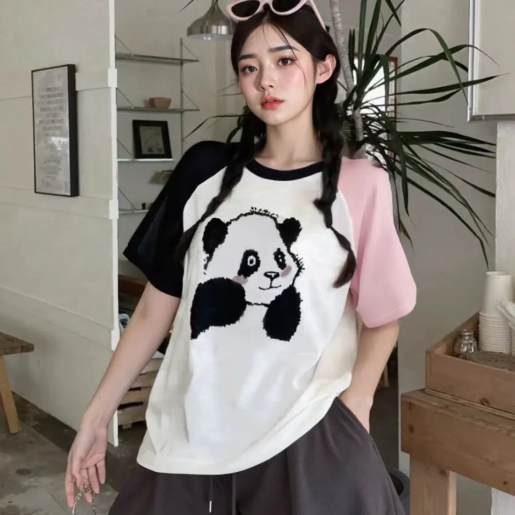 【U050】熊猫图案拼接撞色宽松时尚显瘦冰凉圆领T恤.