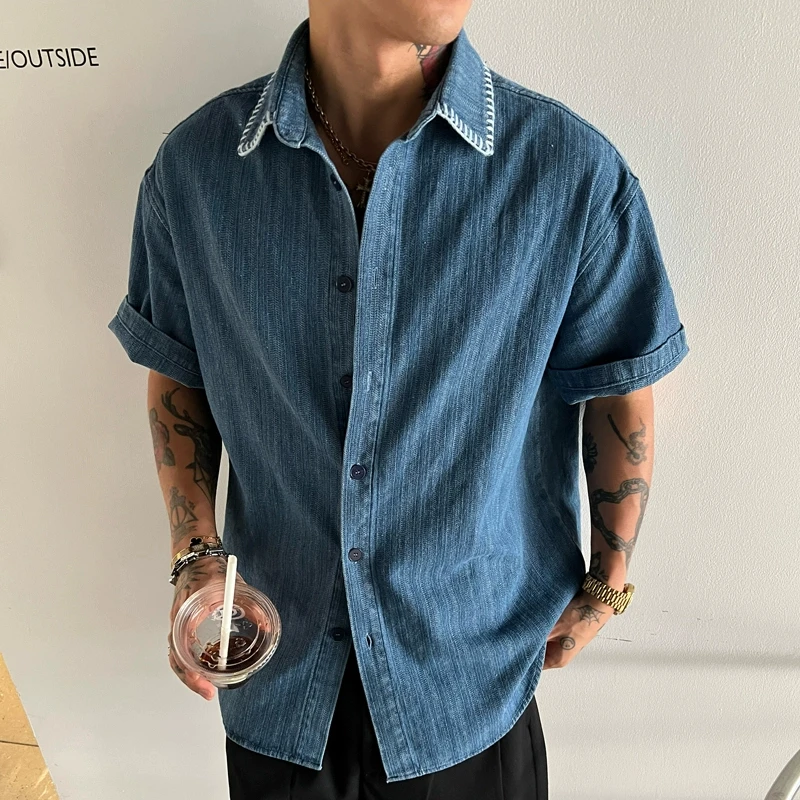 OXFREAK「手工编织明线」蓝色针织短袖衬衫男设计感小众宽松衬衣