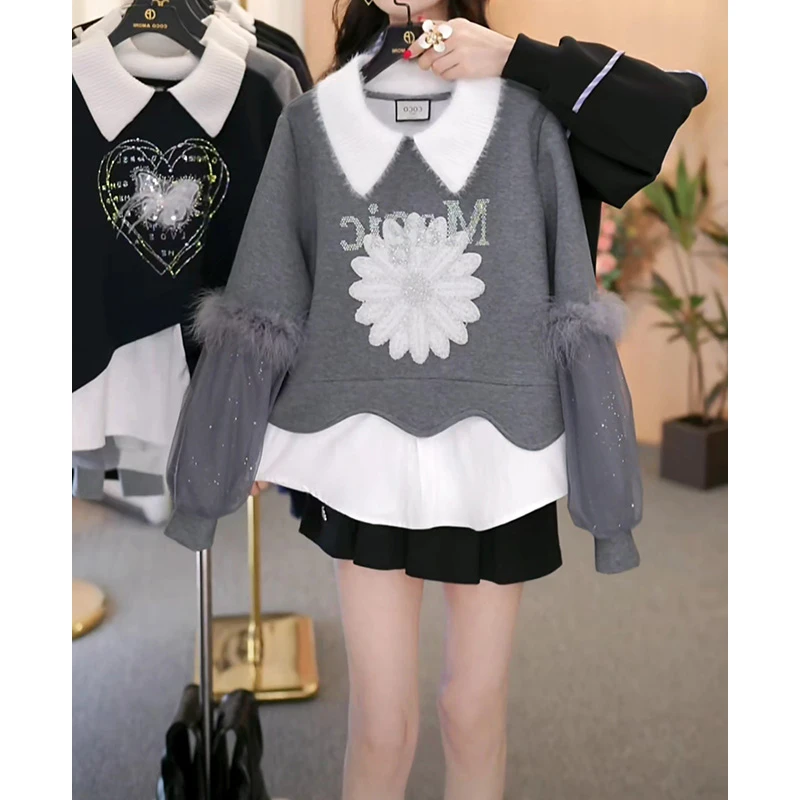 秋冬新款时尚高级感女装拼接重工太阳花烫钻毛毛拼接显瘦减龄卫衣