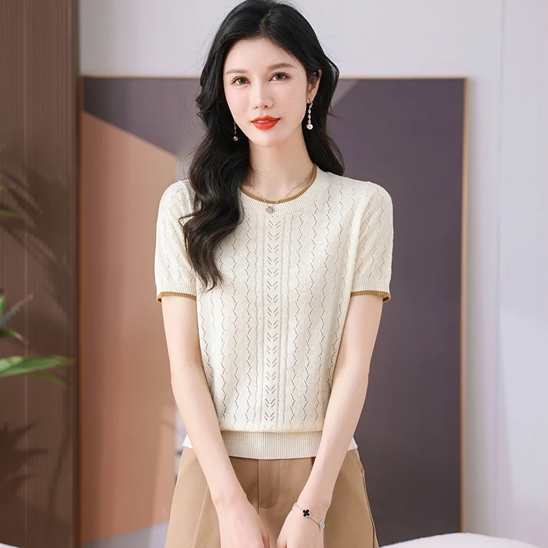 【莱赛尔】2025新款圆领时尚短袖针织衫宽松百搭休闲简约薄款女上衣