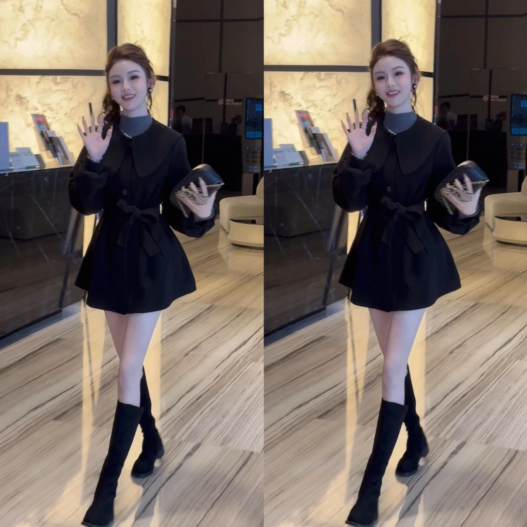 韩版宽松娃娃领收腰翻领系带显瘦风衣毛呢外套
