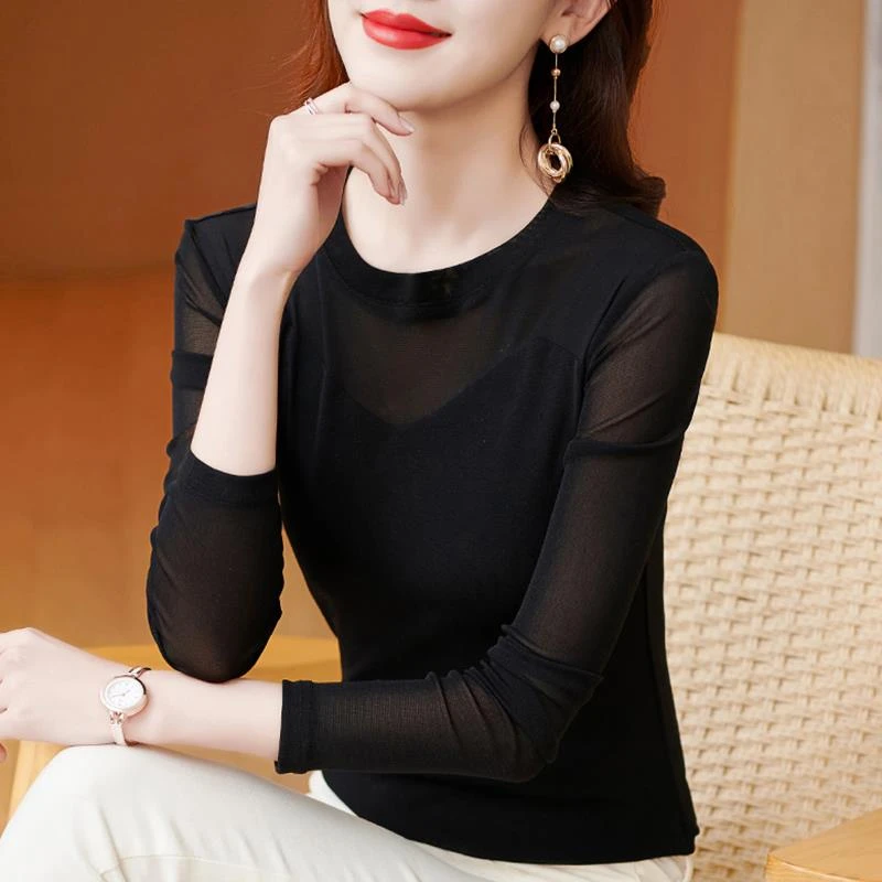 蕾丝小衫网纱打底衫女t恤显瘦纱衣圆领长袖春装2025年新款女上衣
