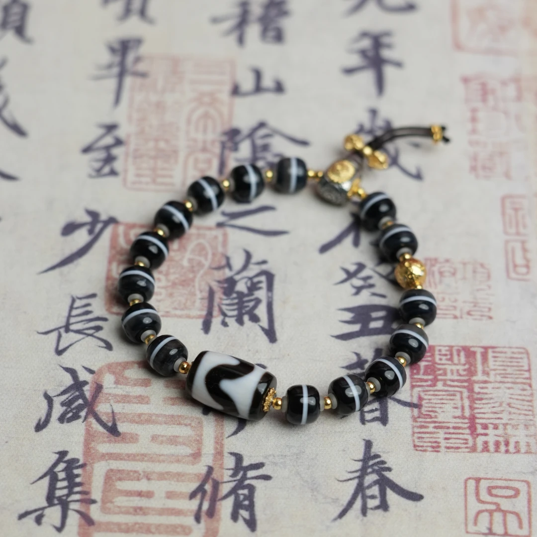 【明珠璀璨】聚源古法极致黑白虎牙天然双色一线药师手串